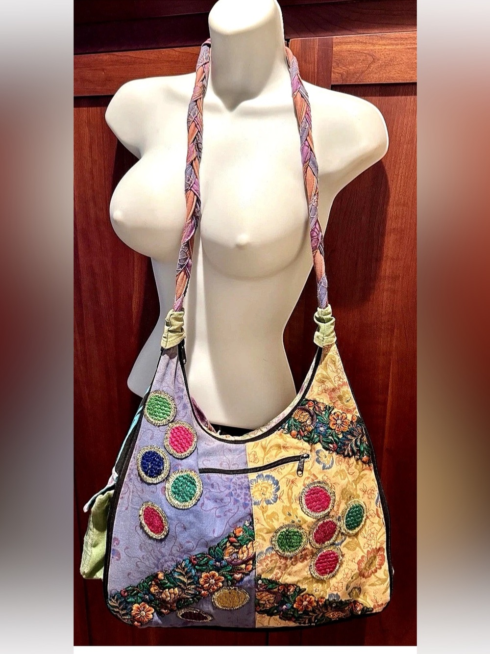 💙BLUE SKY💙 COTTON CANVAS LINEN TIE-DYE FLORAL EMBROIDERY 9 POCKET ZIP AROUND BAG - Picture 2 of 16